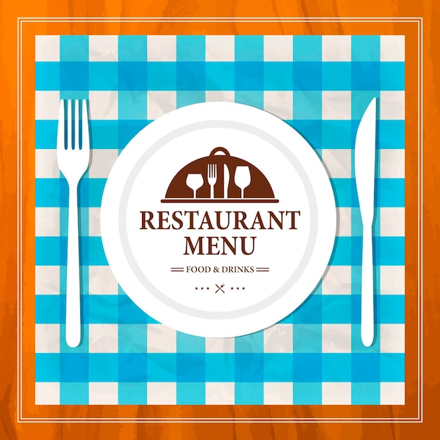 Restaurant menu on a retro style plate fork knife cutlery on blue checkered tablecloth menu template