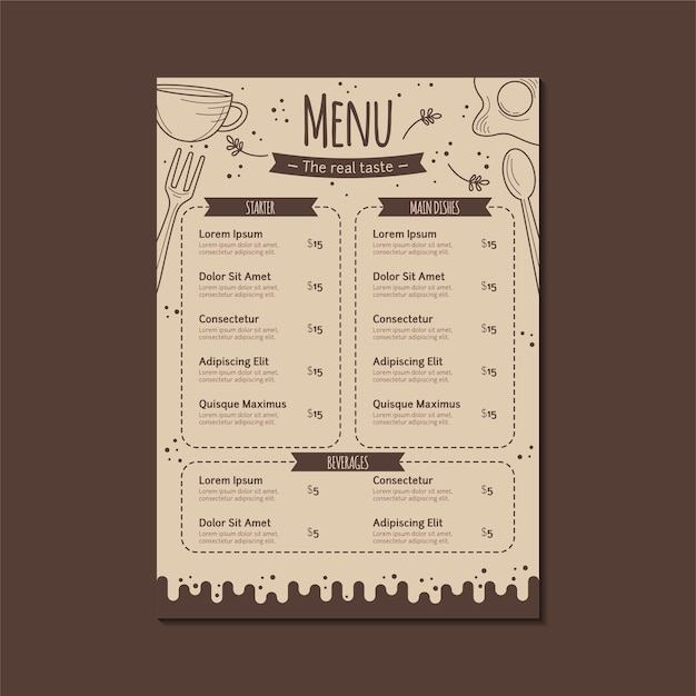 Vettore modello di menu del ristorante in marrone