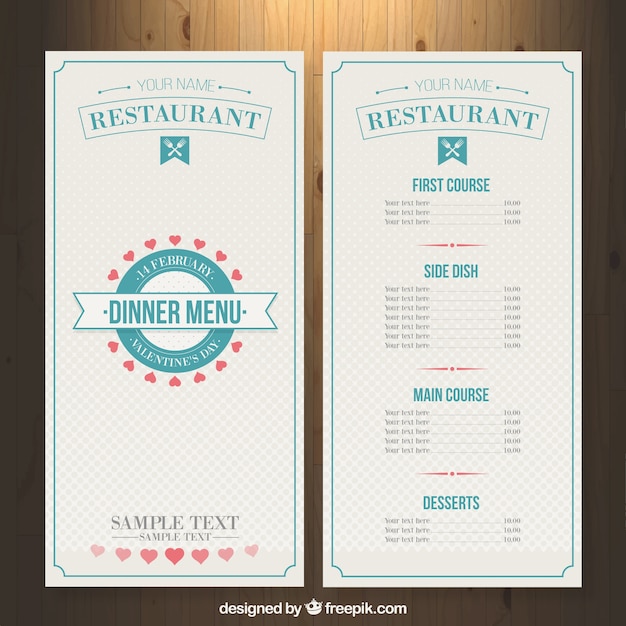 Vector restaurant menu template for valentine day