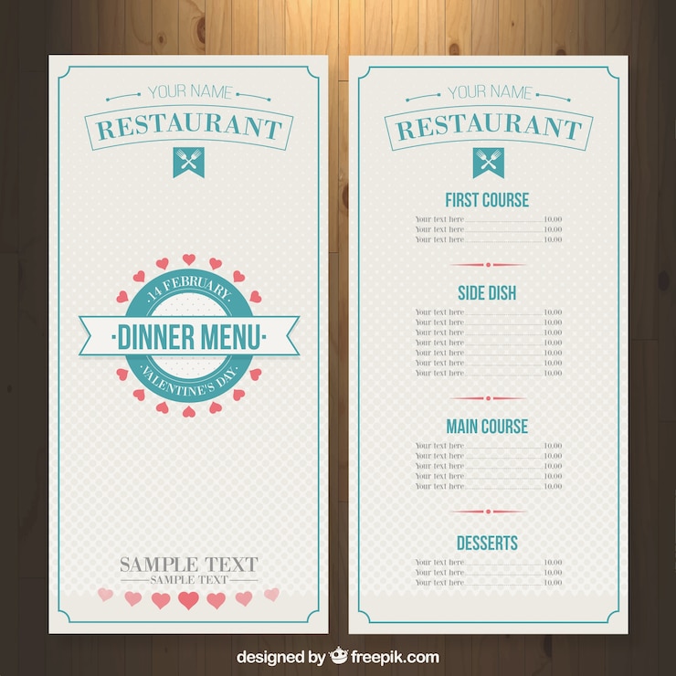 Vector restaurant menu template for valentine day