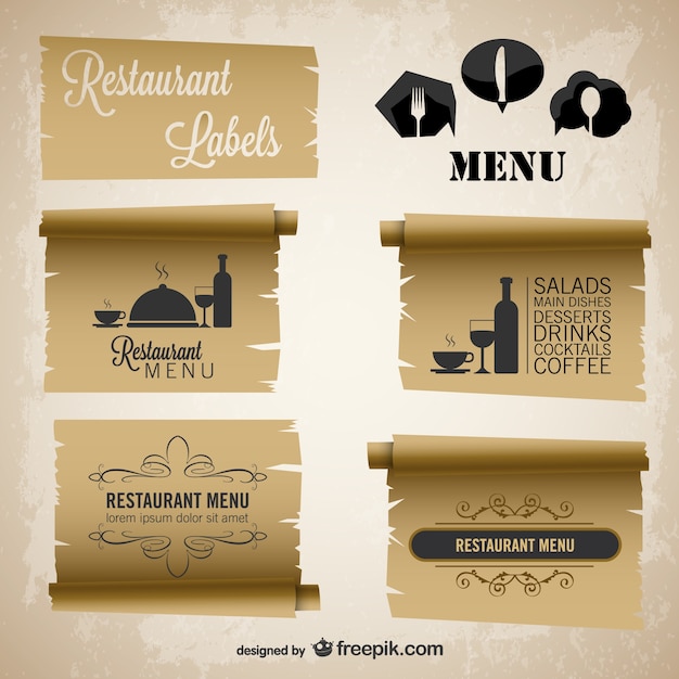 Vector restaurant menu vintage paper labels set