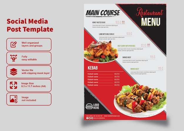 Vettore menu del ristorante con fantastici volantini scontati e poster per il modello di post sui social media