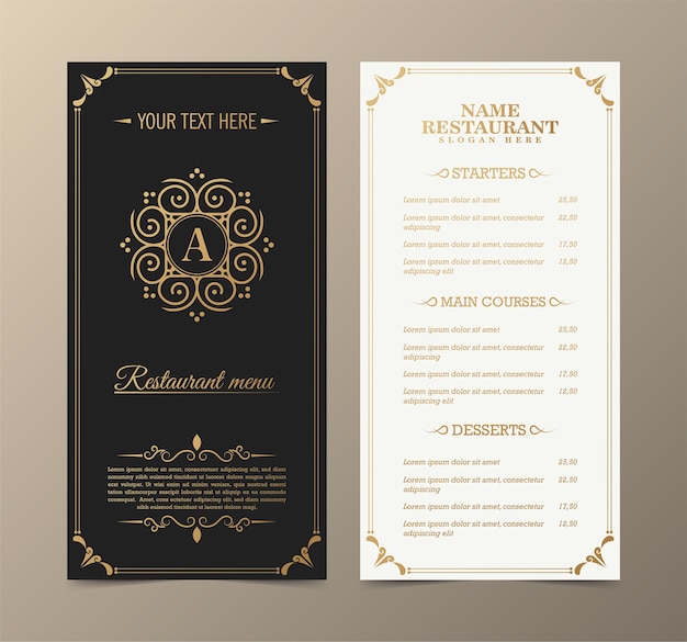 Menu del ristorante con elegante stile ornamentale