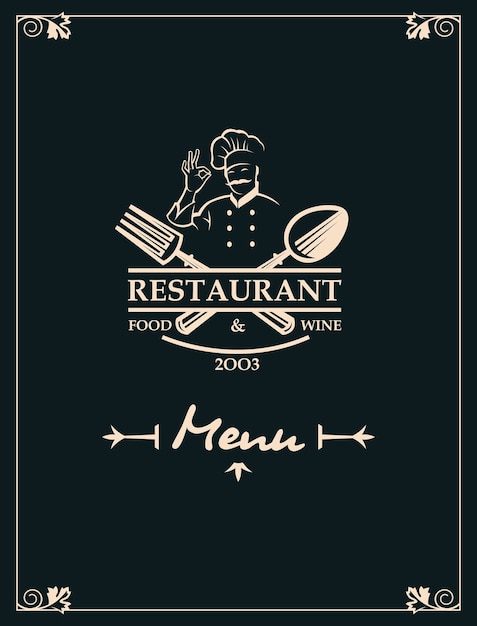 restaurant menu with kitchenware and chef