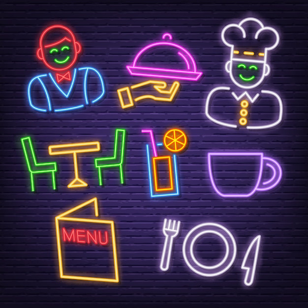 Vettore icone al neon del ristorante