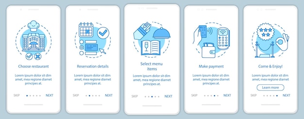 Restaurant onboarding mobiele app pagina scherm vector sjabloon. gastcafé evenement. diner menu betaling. doorloop websitestappen met lineaire illustraties. ux, ui, gui smartphone-interfaceconcept