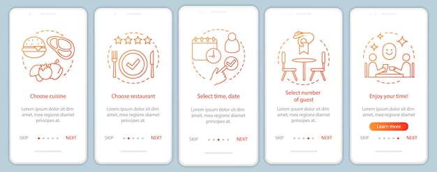 Modello vettoriale dello schermo della pagina dell'app mobile per l'onboarding del ristorante