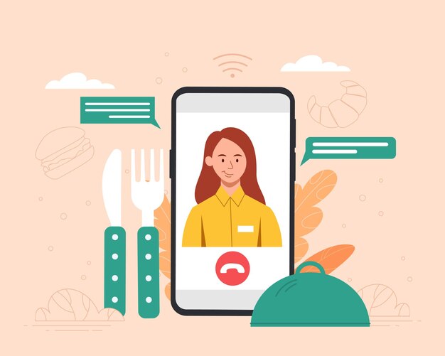 Вектор Ресторан онлайн-сервис девочка на экране смартфона с кухонной техникой современные технологии и хорошее обслуживание стремящийся повар онлайн-курсы и заказы блюд мультфильм плоская векторная иллюстрация