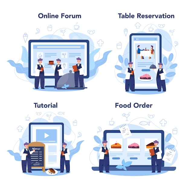 Vector restaurant online service or platform set. waiter staff in the uniform, catering service. table reservation and online order.