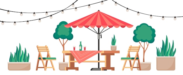Restaurant patio Summer outdoor cafe terrace with wooden table and chairs cozy lounge cafeteria scene with plants and garland Vector illustration