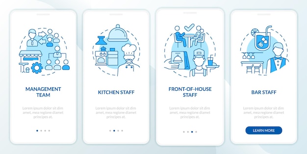 Restaurant personnel duties blue onboarding mobile app screen