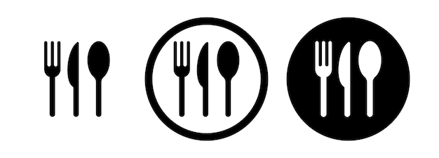 Restaurant pictogramserie. Vork, mes en lepel vector icon set. Set van zwarte restaurants icoon.