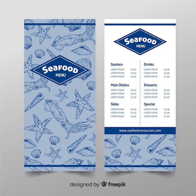 restaurant seafood menu template in hand drawn