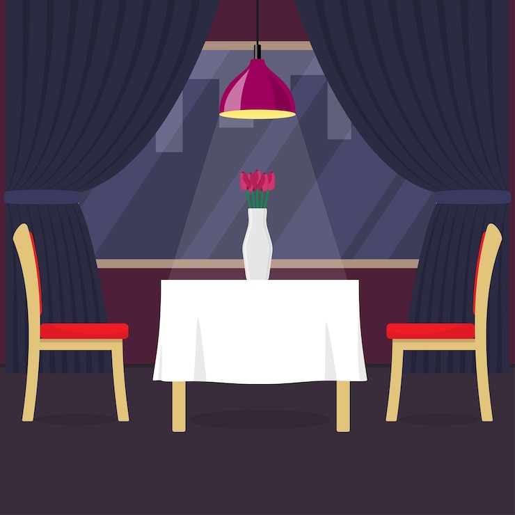 Vector restaurant table with two chairs and vase with flowers table in cosy restaurant a hanging lamp