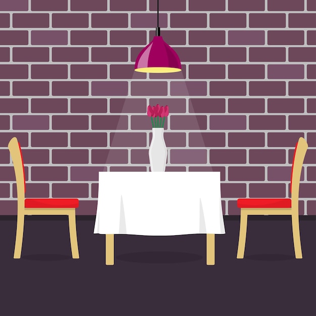 Ресторанный стол с двумя стульями и вазой с цветами Стол в уютном ресторане с подвесной лампой