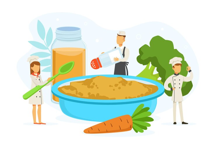 Vector restaurant team cooking healthy food tiny chef characters in uniform and cap cooking in kitchen vector illustration