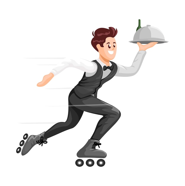 Restaurant Waiters Wear Formal Clothes Carrying Trays of Food and Roller Skates Character Cartoon Ve