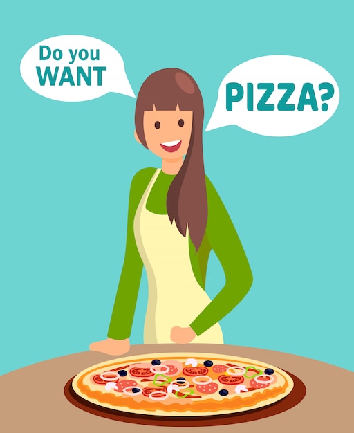 Restaurant waitress offering pizza illustration