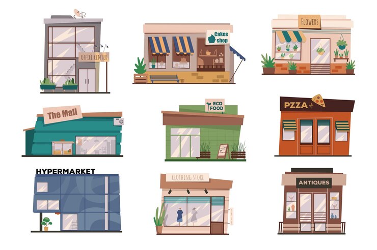 Vector restaurants of winkels gevels geïsoleerde scènes set