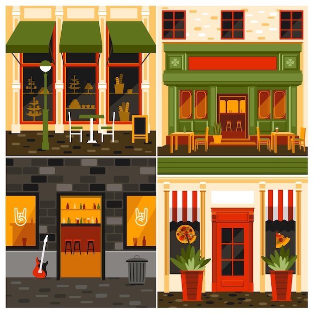 Vector restaurants vector illustration. сafe and pub facades set.