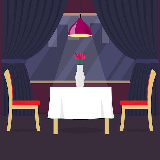 Restauranttafel met twee stoelen en vaas met bloemen Tafel in gezellig restaurant een hanglamp