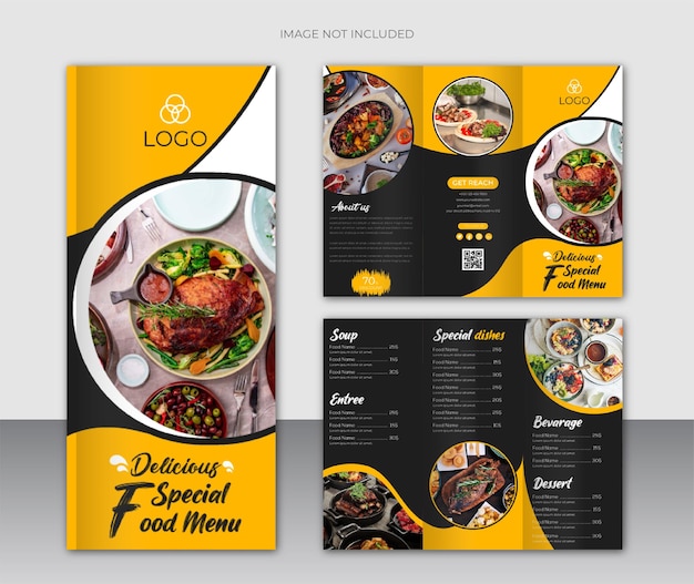 Restaurantvoedselmenu en driebladige brochureontwerpsjabloon met zwarte en gele kleur