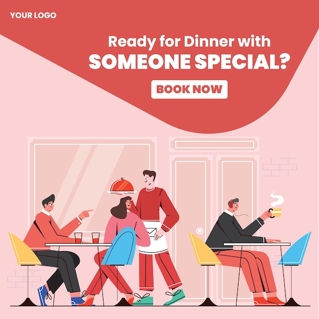 Vettore cenare in ristorante nel banner dei social media
