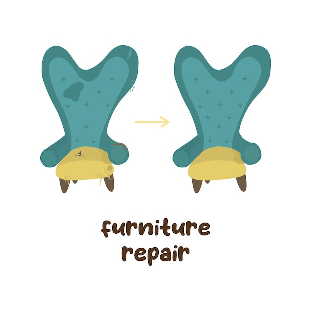 Restoration of upholstered furniture. old and new armchair. isolated vector image.