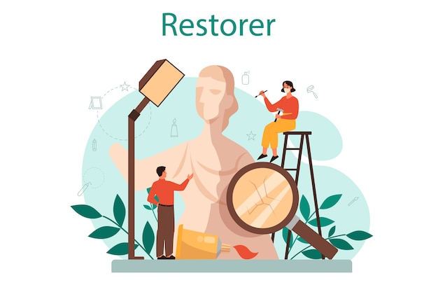 Restorer concept. artist restores an ancient statue, old painting and furniture. person carefully repair old art object. vector illustration in cartoon style