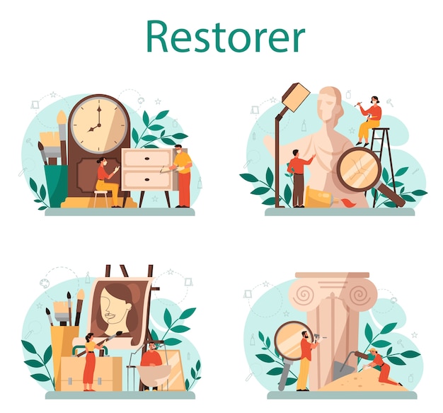 Restorer concept set. artist restores an ancient statue, old painting and furniture. person carefully repair old art object. vector illustration in cartoon style