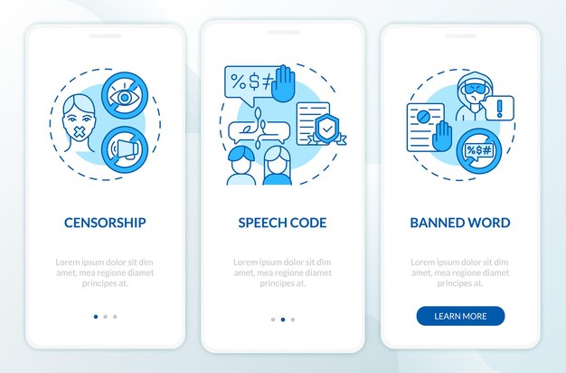 Restrizioni sulla schermata della pagina dell'app per dispositivi mobili durante l'inserimento dell'incitamento all'odio. procedura dettagliata del codice vocale 3 passaggi istruzioni grafiche con concetti. modello vettoriale ui, ux, gui con illustrazioni a colori lineari