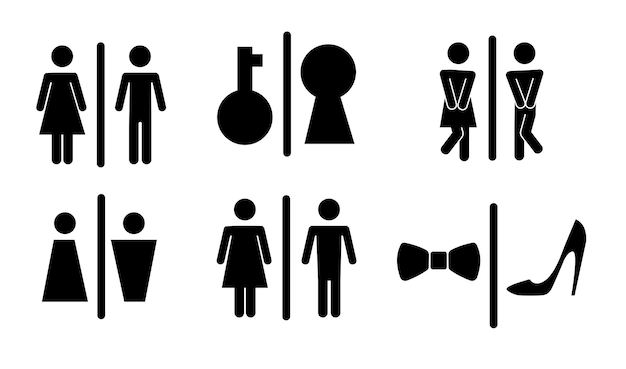 Toilette o bagno per uomo e donna a fare pipì divertente icona pittogramma wc vettoriale o segno giornata mondiale della toilette stanza da bagno stickman unisex pulisci i servizi igienici