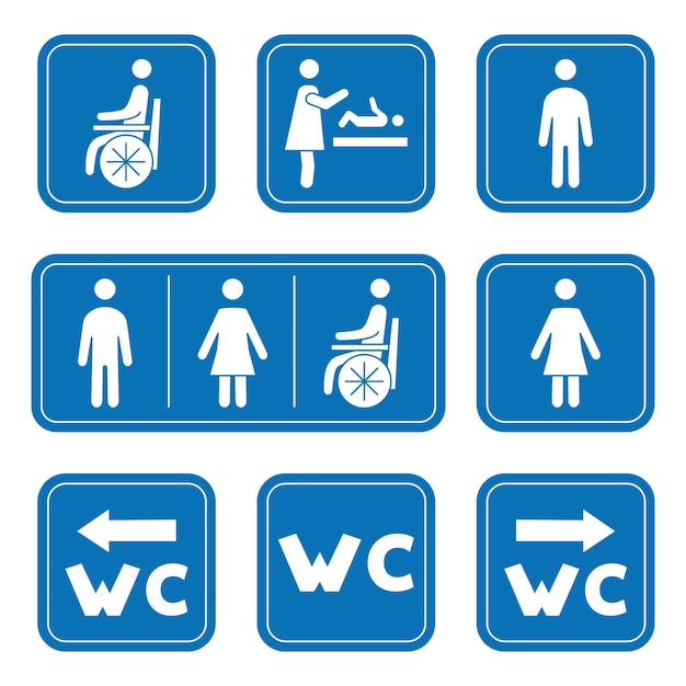 Restroom icons Man woman wheelchair person symbol and baby changing Male Female WC symbol