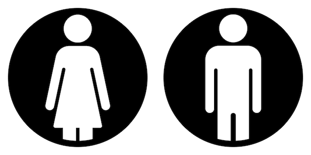 男性と女性のトイレのサイン シンボル シルエット 形 黒と白の男性と女性が白に隔離された円に描かれています