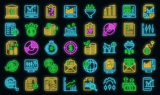 Result money icons set. Outline set of result money vector icons neon color on black