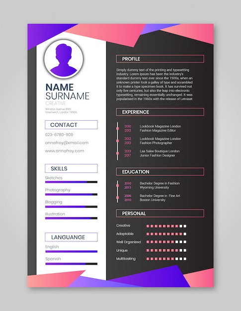 Vector resume pink and purple simple