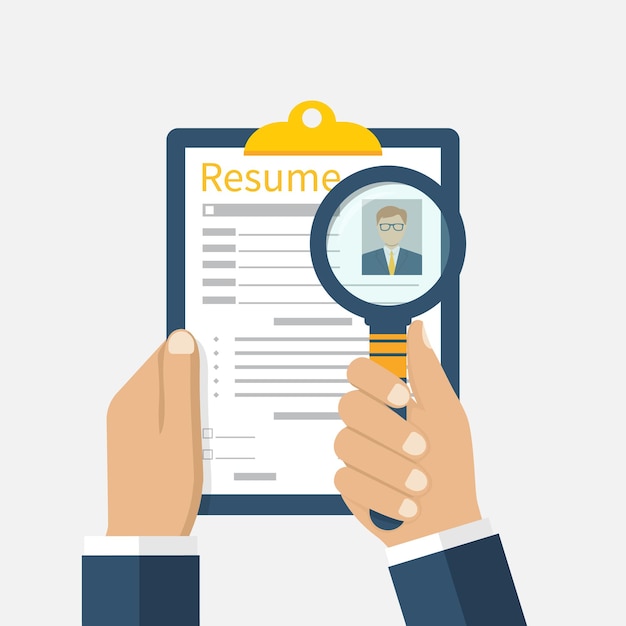 resumes in hand. searching professional staff. analyzing personnel resume. recruitment, concept of human resources management. flat design, vector illustration. cv application. selecting staff.
