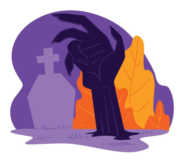 Resurrection of dead people rising from graves. Cemetery and hand of zombie from ground. Halloween creepy holiday, evil monster from graveyard. Autumn festive celebration, vector in flat style