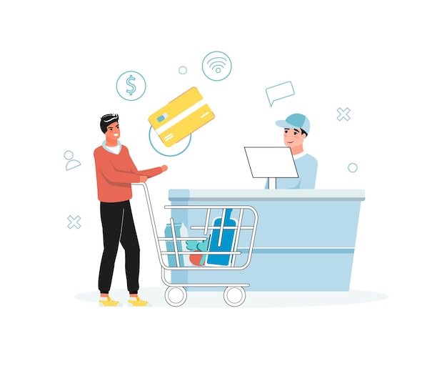 Vector retail man cashier and guy with purchases in trolley cart