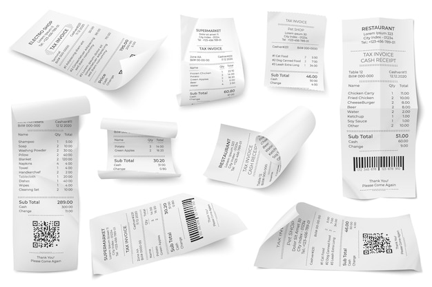Retail rekeningen. Supermarktrekening, geïsoleerde restaurantcheque atm financiële cheque. Realistische markt betalen papier of factuur vector sjabloon. Supermarktfactuurpapier, orderberekening factuurillustratie