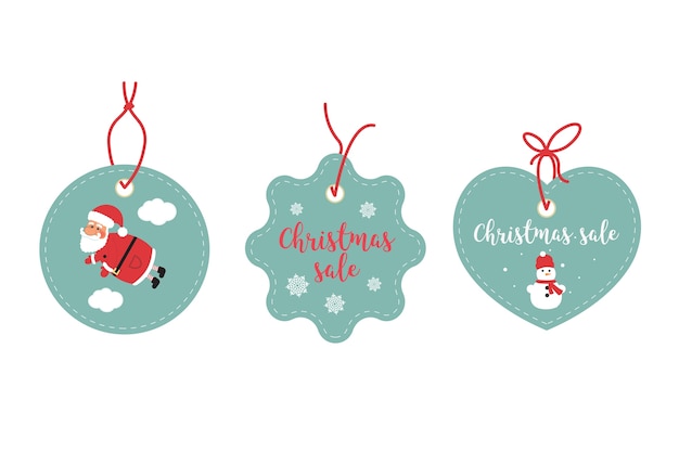 소매 판매 태그 및 정리 태그. 축제 크리스마스 디자인. 산타 클로스, 눈송이 및 눈사람
