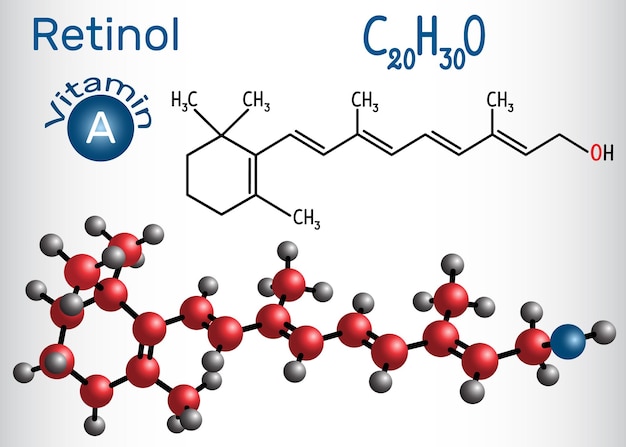 Retinol vitamine A Structurele chemische formule en molecuulmodel Papierblad in een kooi