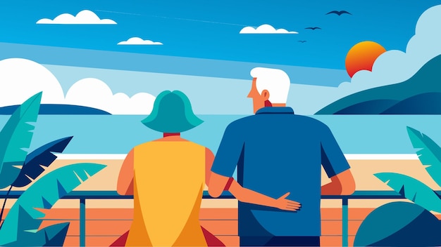 Vector a retired couple staring out at the ocean from their balcony content in the knowledge that their