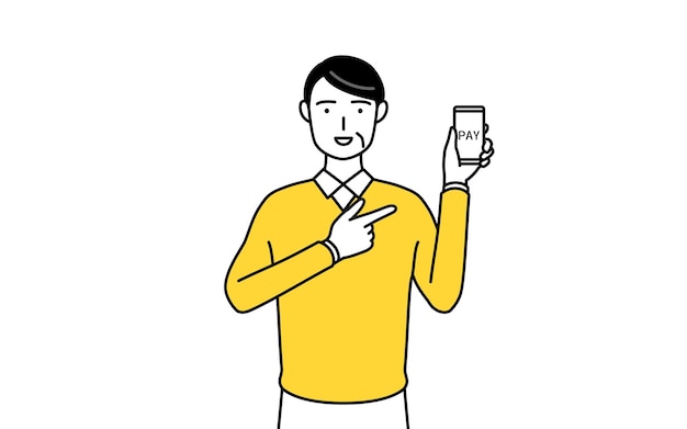 スマートフォンでキャッシュレスのオンライン決済を勧める定年退職したシニアの中年男性