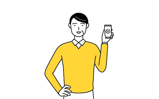 仕事でスマホを使う定年退職したシニア中年男性