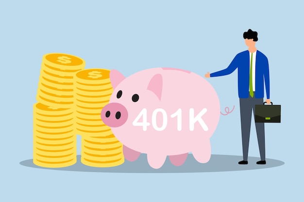 Vector retirement 401k investment cheerful youthful businessman financial specialist stand with affluent brilliant pink piggy with word 401k and dollar cash coin stack