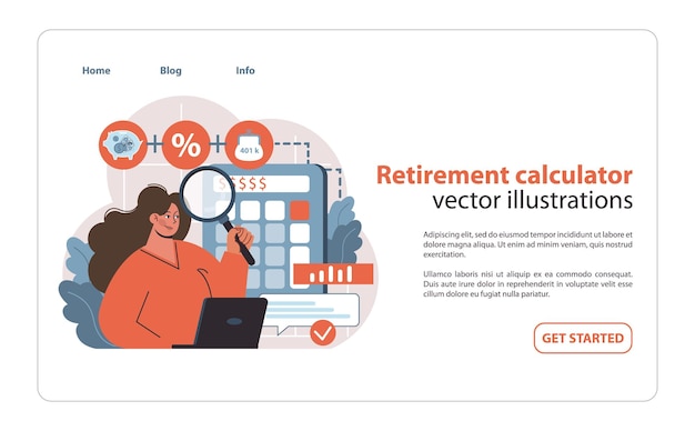 Retirement calculator concept woman scrutinizes k plans and investment growth with magnifying glass