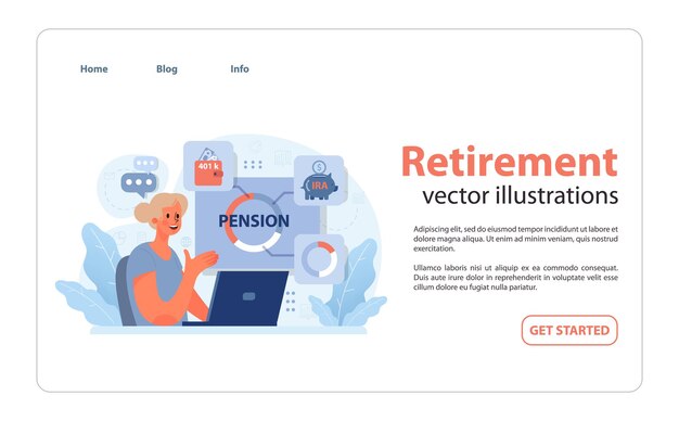 Vector retirement planning concept woman explores pension options focusing on k and ira benefits secure