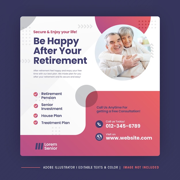 退職計画のソーシャル メディアのポスト デザインまたは高齢者の投資と保険のポスト デザイン