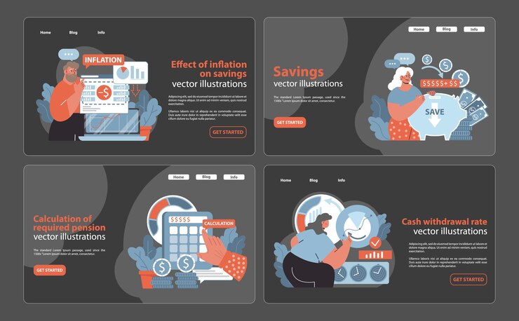 Vector retirement readiness set visualizing savings growth the impact of inflation pension requisites and